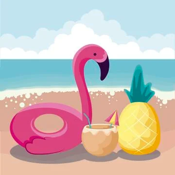Summer beach with float flemish and set icons Stock Illustration
