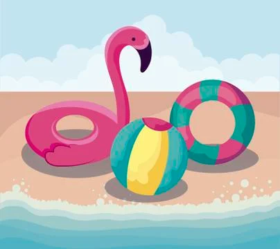 Summer beach with float flemish with set icons Stock Illustration