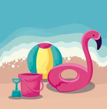 Summer beach with float flemish with set icons Stock Illustration