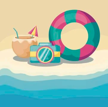 Summer beach with float with set icons Stock Illustration