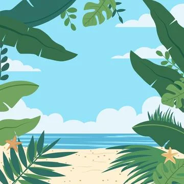 Summer Beach Frame Background with Tropical Leaf Plant and Copy Space Stock Illustration