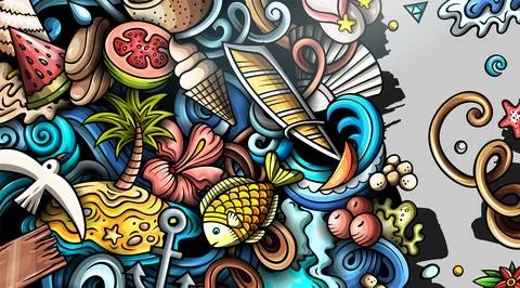 Summer beach hand drawn doodle banner. Cartoon vector detailed flyer. Stock Illustration