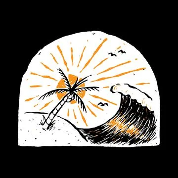 Summer Beach Hand drawn Graphic Illustration Vector Art T-shirt Design Stock Illustration