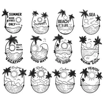 Summer beach hand drawn T shirt designs set Stock-Illustration
