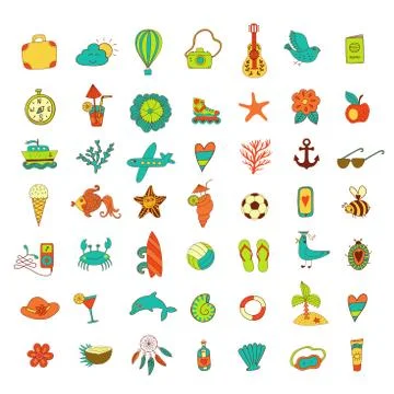 Summer beach hand drawn vector travel vacation doodle elements Stock Illustration