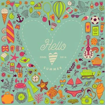 Summer beach hand drawn vector travel vacation doodle elements Stock Illustration