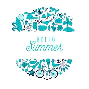 Summer beach hand drawn vector travel vacation doodle elements Stock Illustration