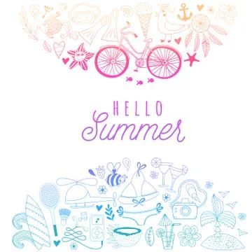 Summer beach hand drawn vector travel vacation doodle elements Stock Illustration