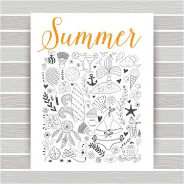 Summer beach hand drawn vector travel vacation doodle elements Stock Illustration