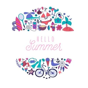 Summer beach hand drawn vector travel vacation doodle elements Stock Illustration