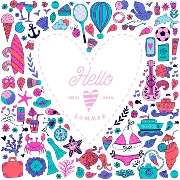 Summer beach hand drawn vector travel vacation doodle elements Stock Illustration