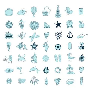 Summer beach hand drawn vector symbols and objects Stock Illustration