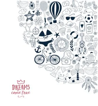 Summer beach hand drawn vector travel vacation doodle elements Stock Illustration