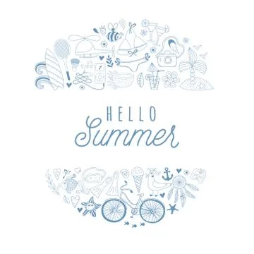 Summer beach hand drawn vector travel vacation doodle elements Stock Illustration