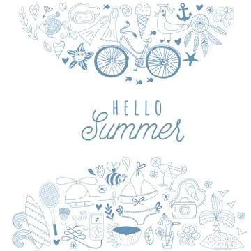 Summer beach hand drawn vector travel vacation doodle elements Stock Illustration