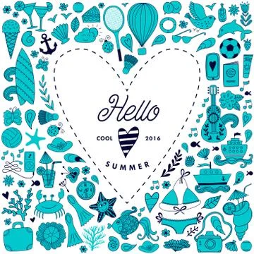 Summer beach hand drawn vector travel vacation doodle elements Stock Illustration