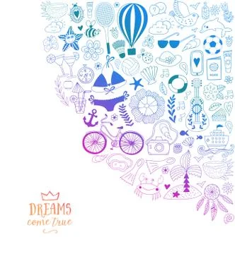 Summer beach hand drawn vector travel vacation doodle elements Stock Illustration