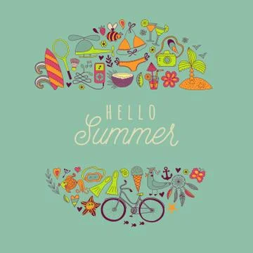 Summer beach hand drawn vector travel vacation doodle elements Stock Illustration