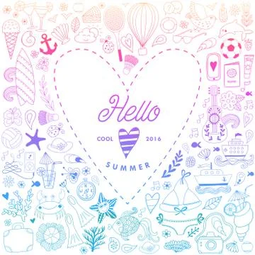 Summer beach hand drawn vector travel vacation doodle elements Stock Illustration