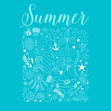 Summer beach hand drawn vector travel vacation doodle elements Stock Illustration
