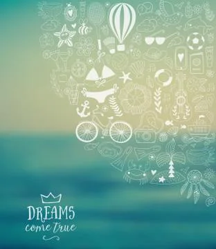 Summer beach hand drawn vector travel vacation doodle elements Stock Illustration