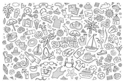 Summer beach hand drawn vector symbols and objects Stock Illustration