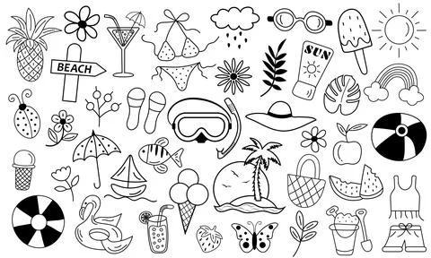 Summer beach hand drawn vector symbols and objects in doodle style. イラスト素材
