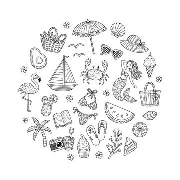 Summer Beach Hand Embroidery Pattern 2, Coastal Vacation Hoop Design DIY Stock Illustration