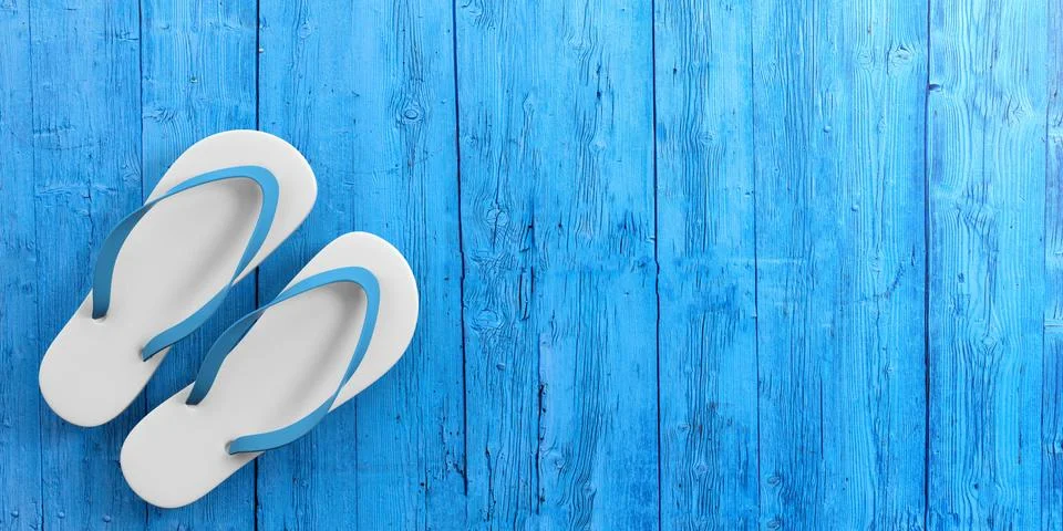 Summer beach holidays. Flip flops on blue wooden background, top view, copy s Stock Illustration