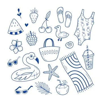 Summer beach icon set blue line art doodle hand drawn vacation element 스톡 일러스트