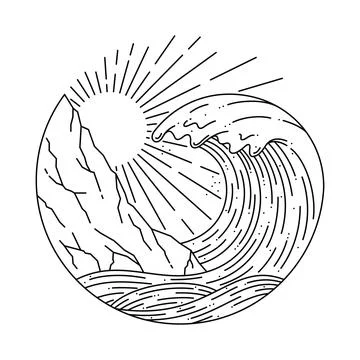 Summer Beach Island Wave Line Graphic Illustration Vector Art T-shirt Design Stock Illustration