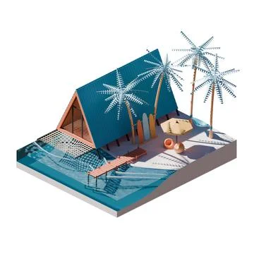 Summer Beach Isometric View 3D Render Illustration Stock Illustration