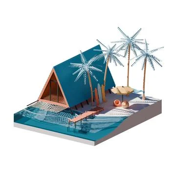 Summer Beach Isometric View 3D Render Illustration Scene Stock Illustration