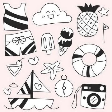 Summer beach items and accessories in fun black and white style Stock Illustration