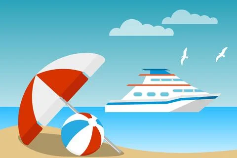 Summer beach landscape with umbrella inflatable ball and cruise ship Stock Illustration