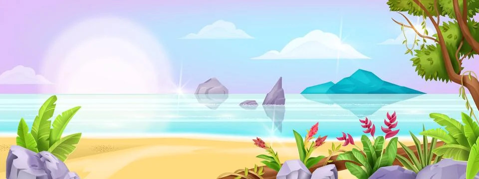Summer beach landscape, vector ocean exotic background, tree foliage, sea イラスト素材