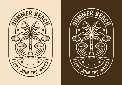 Summer beach, Let's join the waves. Line art illustration of coconut tree a.. Stock Illustration