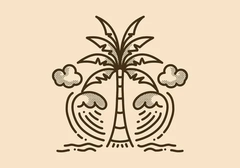 Summer beach, Let's join the waves. Line art illustration of coconut tree a.. Stock Illustration