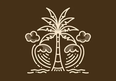 Summer beach, Let's join the waves. Line art illustration of coconut tree a.. Stock Illustration
