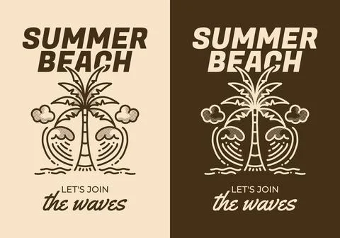 Summer beach, Let's join the waves. Line art illustration of coconut tree a.. Stock Illustration