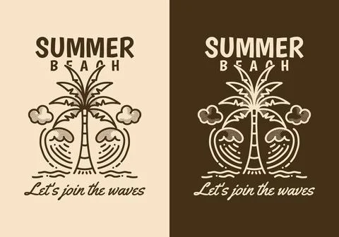 Summer beach, Let's join the waves. Line art illustration of coconut tree a.. Stock Illustration