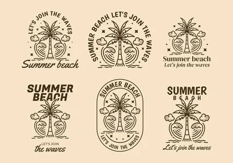 Summer beach, Let's join the waves. Line art illustration of coconut tree a.. Stock Illustration