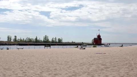Summer Beach with Lighthouse Static Shot Stock Footage 85571849