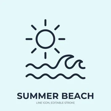 Summer beach line icon. Sun with sea waves linear vector illustration. Thin sign Stock Illustration