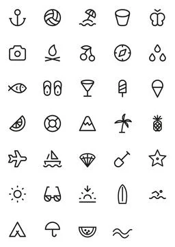 Summer beach line icons set, 34 outline icons Stock Illustration