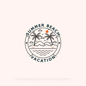 Summer beach logo design with line art style, outdoor vacation vector illus.. 스톡 일러스트