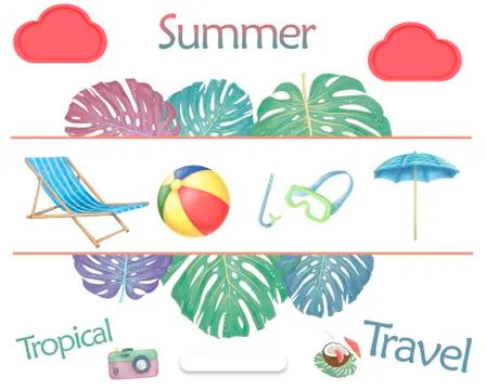 Summer beach objects ball, mask diving, umbrella . Summertime illustration. W Stock Photos