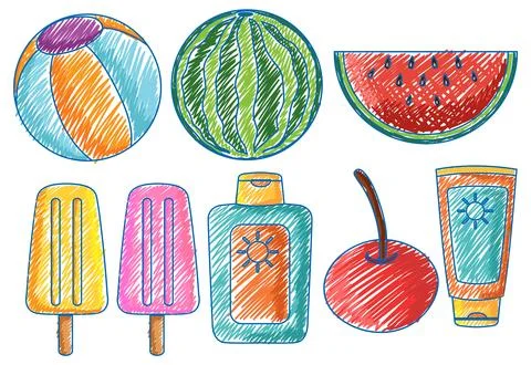 Summer Beach Objects in Pencil Colour Sketch Simple Style Illustrazione stock