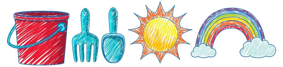 Summer Beach Objects in Pencil Colour Sketch Simple Style イラスト素材