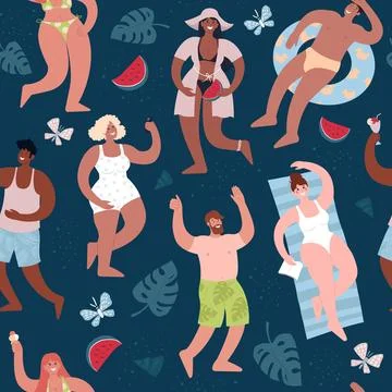 Summer beach or pool party. Diverse people in swimsuits have fun. Seamless pa Illustrazione stock